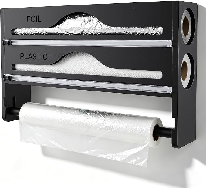 Plastic Wrap Dispenser with Cutter, 3 in 1 Tin Foil Wrap Dispenser Wall-Mounted Organizer for Baking Paper, Foil Dispenser with Cutter Wax Paper Holder Kitchen Storage Box (black)