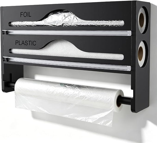 Plastic Wrap Dispenser with Cutter, 3 in 1 Tin Foil Wrap Dispenser Wall-Mounted Organizer for Baking Paper, Foil Dispenser with Cutter Wax Paper Holder Kitchen Storage Box (black)