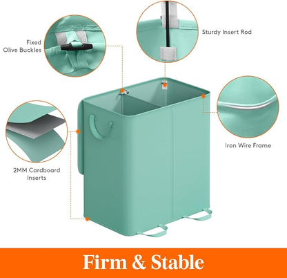 Lifewit Double Laundry Hamper with Lid and Removable Laundry Bags, Large Collapsible 2 Dividers Dirty Clothes Basket with Handles for Bedroom Laundry Room Closet Bathroom College, 136L Sage Green