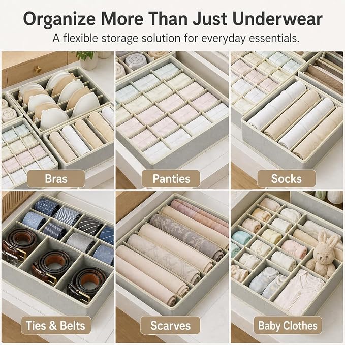Drawer Organizer Clothes Set, 4 Pack Foldable Dresser Closet Dividers (6/8/7/24-Cell), Non-Woven Underwear & Sock Drawer Organizer, Bra/Tie/Belt Storage Bins (Light Grey)