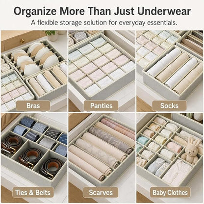 Drawer Organizer Clothes Set, 4 Pack Foldable Dresser Closet Dividers (6/8/7/24-Cell), Non-Woven Underwear & Sock Drawer Organizer, Bra/Tie/Belt Storage Bins (Light Grey)