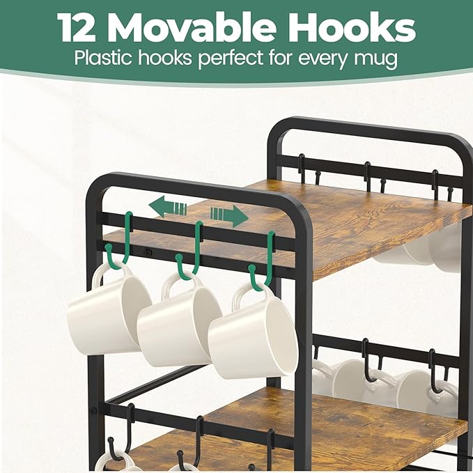 EsLuker.ly Coffee Bar Organizer Station Shelf Mug Holder for Countertop, 4 Tier Mug Holder Stand with 12 Hooks, K Cup Pod Drawer