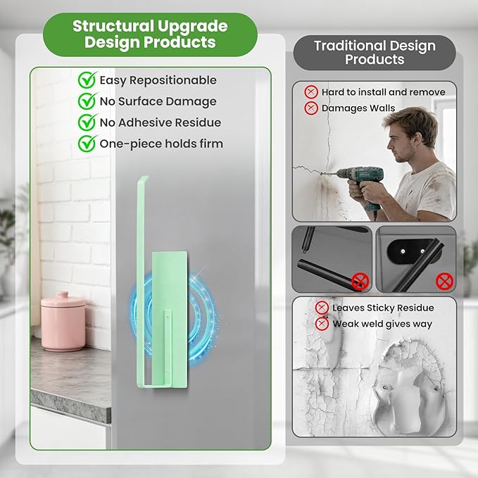 Paper Towel Holder, Magnetic Paper Towel Holder for Fridge, Toilet Paper Roll Holder Magnet Towel Rack Wall Mount Fridge Organizer for Paper Towels Rolls Bathroom Pantry RV Kitchen Storage Green