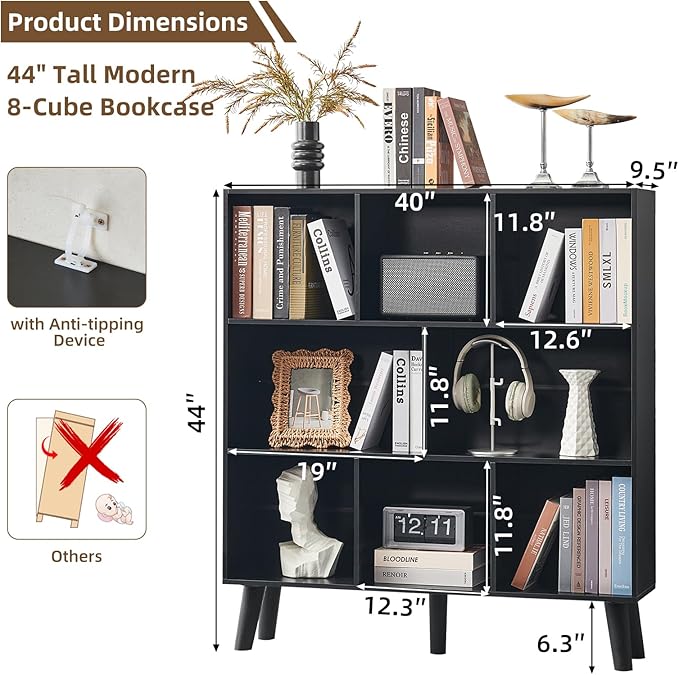 LEYAOYAO 8 Cube Bookshelf,3 Tier Bookcase with Legs,Black Mid-Century Modern Bookshelves,Large Open Storage Organizer Shelf, Wooden Book Case