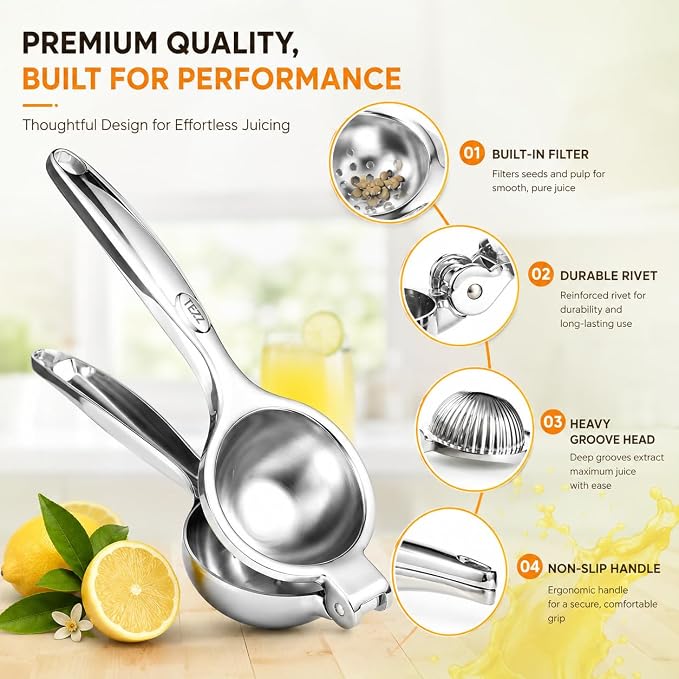 TEZZ Premium Lemon Squeezer, Large Heavy Duty Handhelp Juicer for Lemon, Metal Hand Press Citrus Juicer, Lime Squeezer Bar Tool, Manual Citrus Press | Large bowl ergonomic handle easy handheld press for lemons and limes