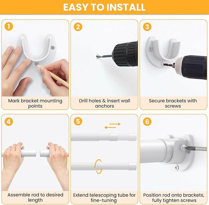 Closet Rods for Hanging Clothes, 17-98 Inch No-Cut Stepless Adjustable Closet Rod, 1.3 Inch Heavy Duty Metal Closet Hanging Rod with Brackets, White Closet Bar for Closet, Laundry Room, RV, Wardrobes