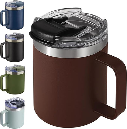 12oz Insulated Coffee Mug Cup with Handle, Stainless Steel Travel Coffee Mug with Flip Lid, Double Wall Vacuum Coffee Tumbler,Nut Brown