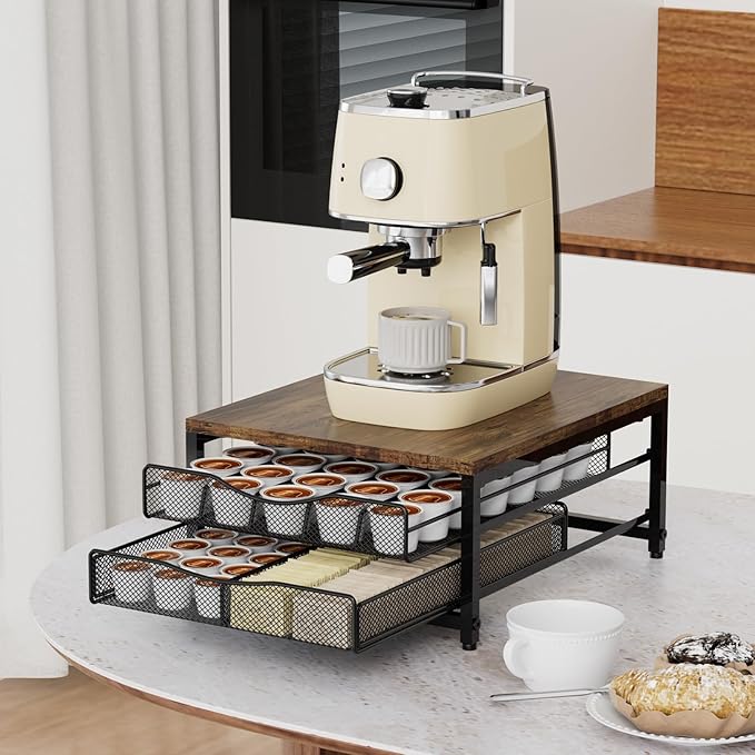 VyGrow Coffee Pod Holder For Counter, Wooden K Cup Holder with Double Layer Sliding Drawer, Large Capacity Coffee Pod Storage for Coffee Station, Home, Office, Kitchen