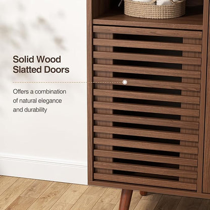 Storage Cabinet with slatted Door, Tilt Out Trash Can Cabinet for 10 Gallon Wooden Dog-Proof Recycling Bin with Hidden Laundry Basket for Kitchen Island and Dining Room, Walnut