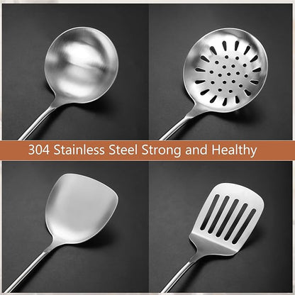 304 Stainless Steel Kitchen Utensils Set, 4 Pcs Long Cooking Utensils Set with Wooden Handle, Large Heat Resistant Kitchen Tools(Dishwasher Safe)