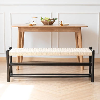 Solid Wood Entryway Bench with Shoe Storage, Rustic Oak Wood and Woven Design 45 Inch Long Seating for Living and Dining Rooms, 3-Tier Black