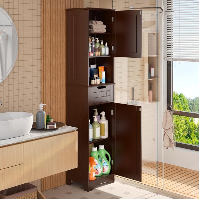 Gizoon 67" H Tall Bathroom Cabinet, Storage Cabinet with 2 Doors & Drawer, Narrow Linen Tower Freestanding Adjustable Shelves for Home, Kitchen, Versatile, Anti-Tipping, Dark Brown | Tall