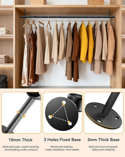 Closet Rods for Hanging Clothes, 17 to 69 Inches Ceiling/Wall Mounted Stepless Adjustable Closet Hanging Rod, 1.3 Inch Heavy Duty Hanging Clothes Rod for Closet Wardrobe Laundry RV (Black)