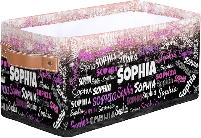 Custom Storage Baskets for Decor with Name, Small Organizer Collapsible Storage Bin with Leather Handle, Toilet Tank, Towel Storage, Entryway, light Pink Bling Bling with Black