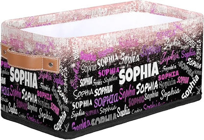 Custom Storage Baskets for Decor with Name, Small Organizer Collapsible Storage Bin with Leather Handle, Toilet Tank, Towel Storage, Entryway, light Pink Bling Bling with Black