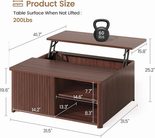 SEDETA 31.5" Lift Top Coffee Table with Storage, Square Coffee Tables for Living Room, Fluted Coffee Table with Large Hidden Storage Compartment and Adjustable Shelves, Walnut