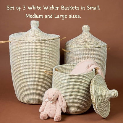 White Boho Woven Wicker Basket, Home Decor, Storage & Organization, Living Room, Bed Room, Nursery, Laundry Clothes Hamper, Toys Bin, Blankets Storage, Round, Hooded Lid, Handles (Large)