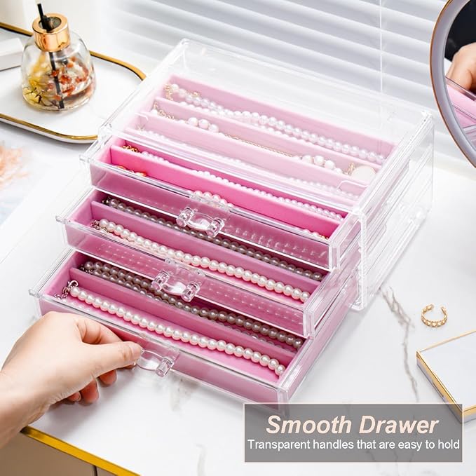 YUFONG Necklace Holder Organizer, Dustproof Necklace Box Velvet Necklace Organizer Box with Lid Clear Acrylic Dustproof Stackable Jewelry Displays for Necklaces Chain Display (Pink, 3 Drawer)