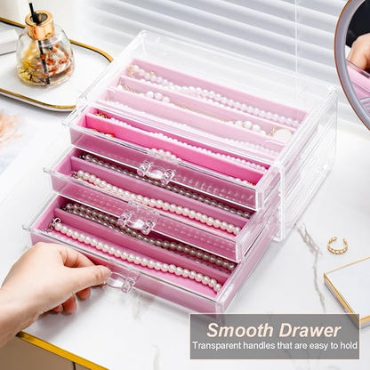 YUFONG Necklace Holder Organizer, Dustproof Necklace Box Velvet Necklace Organizer Box with Lid Clear Acrylic Dustproof Stackable Jewelry Displays for Necklaces Chain Display (Pink, 3 Drawer)