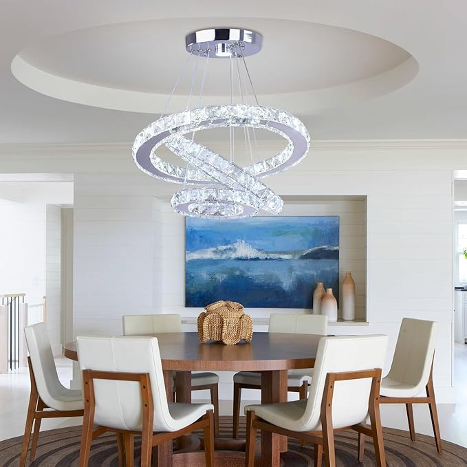 Chandelier LED Crystal Chandelier Lighting Dimmable LED Chandeliers Modern Ceiling Light Fixture 3 Rings Adjustable Stainless Steel Pendant Light for Bedrooms Living Room