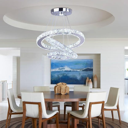 Chandelier LED Crystal Chandelier Lighting Dimmable LED Chandeliers Modern Ceiling Light Fixture 3 Rings Adjustable Stainless Steel Pendant Light for Bedrooms Living Room