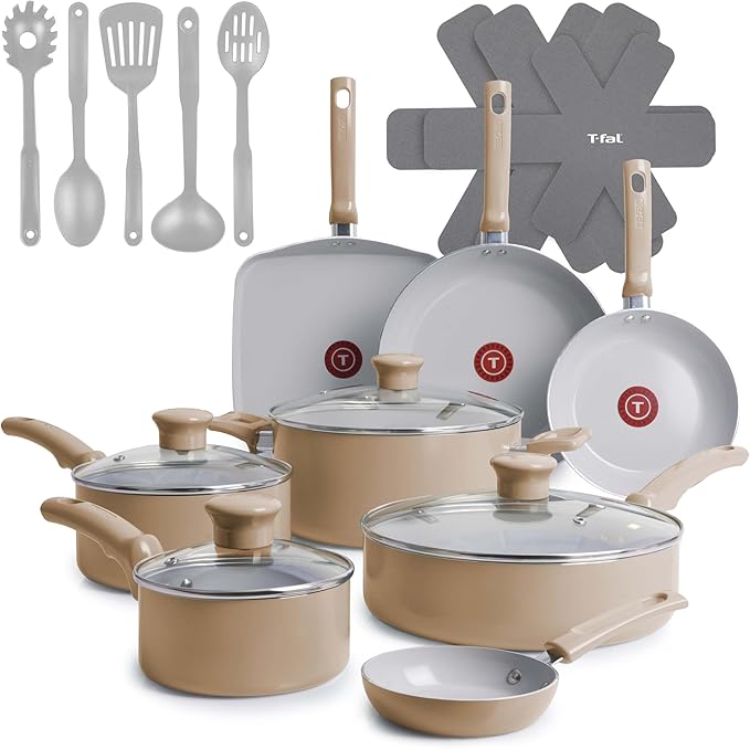 T-Fal Refresh Ceramic Nonstick Cookware Set, 20-Piece, Oven Safe to 350°F, Stockpot, Ceramic Pots and Pans Set, Frying Pans, Griddle, Utensils, Sand Beige
