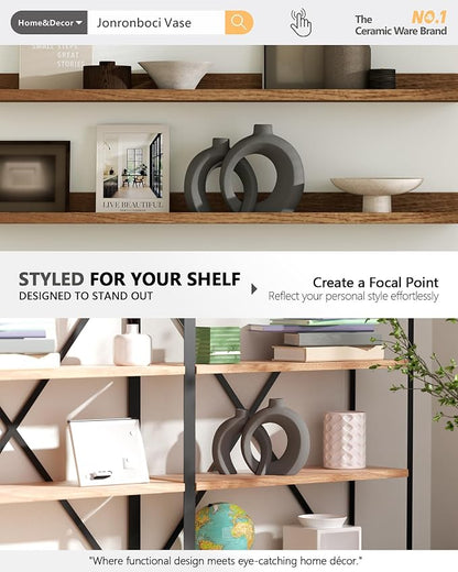 Set of 2 Gray Ceramic Vases for Home Decor Accents - Unique Hollow Donut Artistic Design Minimalism Industrial Scandinavian Style Decorative Vases for Shelf, Mantel, Entryway Table Decor (Matte Gray)
