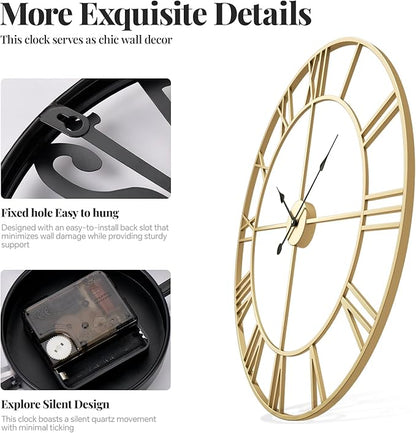 Cuspin Gold Wall Clock, 24 Inch Large Wall Clock for Living Room Kitchen Mantel, Completely Silent Non Ticking Battery-Operated Metal Round Luxury Decorative Modern Clock - Roman Number