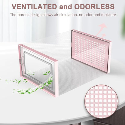 Kuject Shoe Organizers Storage Boxes for Closet, 12 Pack Clear Plastic Stackable Storage Bins with Lids, Under Bed Shoe Containers for Entryway, Drop Front, Fit up to Women's Size 10,Pink | Shoe organizers for closet & entryway, under-bed,Drop-front de...
