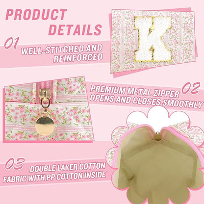 Personalized Quilted Cosmetic Bag, Puffy Monogrammed Christmas Birthday Gifts for Women & Girls, Cute initial Floral Makeup Bag Puffer Coquette Bag, Aesthetic Travel Toiletry Zipper Pouch(Pink,K)
