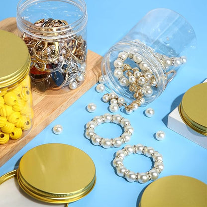 Irenare 24 Pcs 16 oz Plastic Jars with Lids Clear Plastic Containers Wide Mouth Food Mason Jars Airtight Storage Containers for Cake, Dried Fruit, Honey, Nuts, Carft, Scrub Cream(Golden Lids)