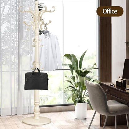 Coat Rack Freestanding, Wooden Coat Tree with Stable Round Base, Vintage Heavy Duty Coat Rack Stand with 14 Hooks, Coat Hanger Stand for Bedroom, Office, Entryway (Ivory)