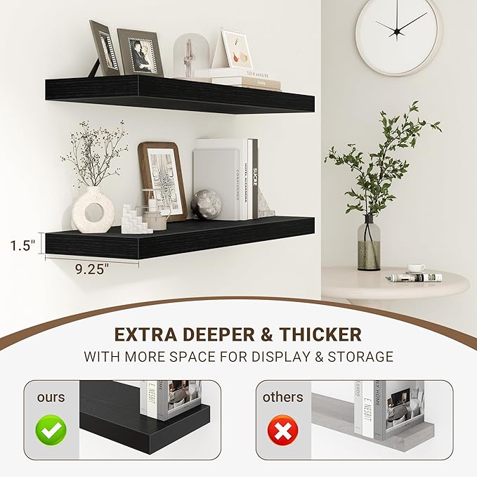 Acovy 72 Inch Floating Shelves, 3D Textured Wood Grain, 72"x9.25"x1.5" Inch Deep Floating Shelves for Wall, Wooden Shelves for Bathroom, Bedroom, Living Room, Black, 1 Piece