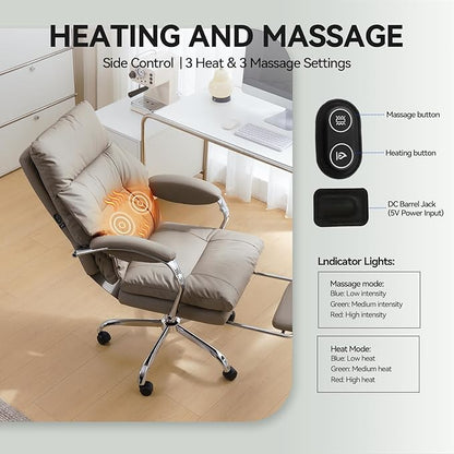 LEAGOO Heated Massage Office Chair with Foot Rest, Reclining Ergonomic Executive Office Chair with Massager for Lower Back, High Back PU Leather Comfy Heated Computer Desk Chair with Wheels, Khaki