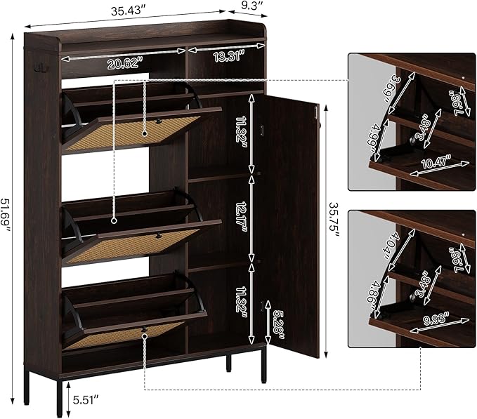 Rattan Wooden Shoe Cabinet, Freestanding 3-Flip Drawer Shoe Storage Organizer, Side Cabinet & Top Fence, Easy Assembly Shoe Rack for Entryway Hallway Living Room, Deep Cherry