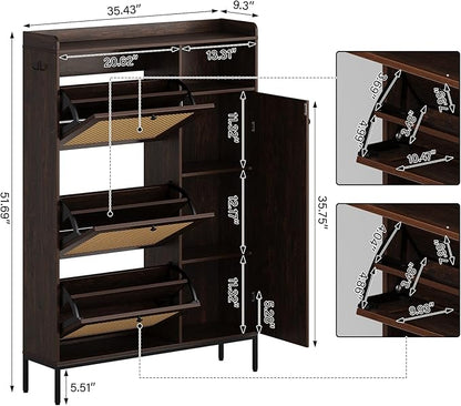 Rattan Wooden Shoe Cabinet, Freestanding 3-Flip Drawer Shoe Storage Organizer, Side Cabinet & Top Fence, Easy Assembly Shoe Rack for Entryway Hallway Living Room, Deep Cherry