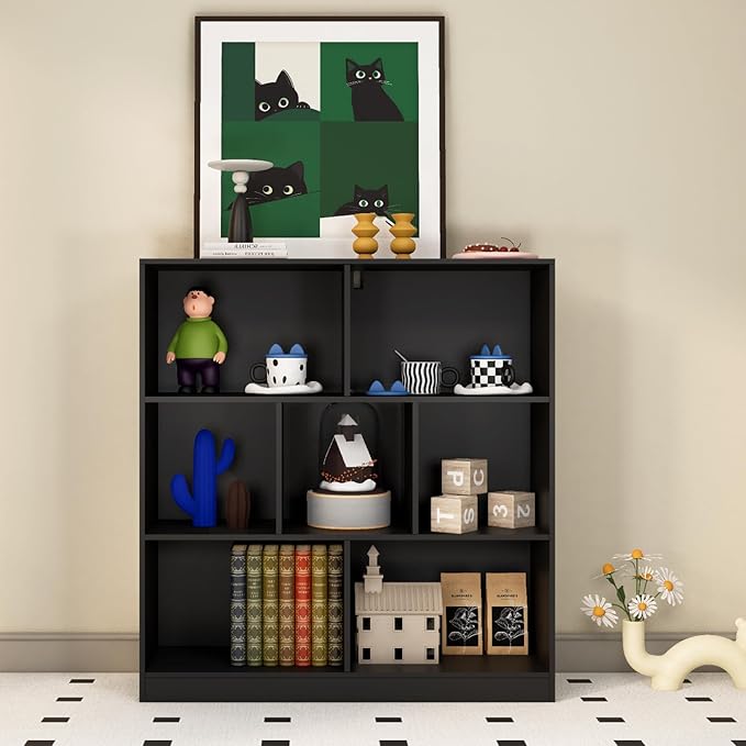 Black Bookshelf, Wooden Bookshelf with Base, Cube Storage Organizer, Bookcase for Living Room,Bedroom,Study and Office(Black, 7-Cube)