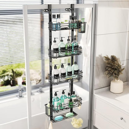 HapiRm 5 Tier Over the Door Shower Caddy, Hanging Shower Caddy with 28 Hooks and 2 Toothbrush Holders, No Drilling Adjustable Hanging Bathroom Organizer - Black