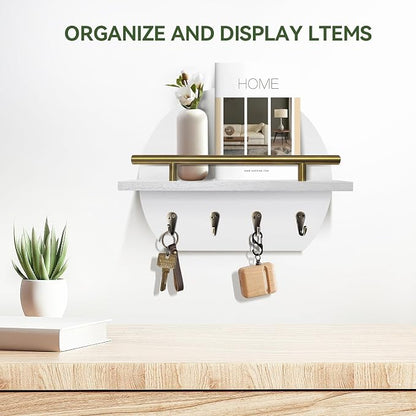 Key Holder Wall Mount Mail Organizer with Shelf & 4 Hooks, Semicircle Decorative Key Rack, Rustic Key Hanger for Entryway, Apartment Essentials, Home Decor Aesthetic