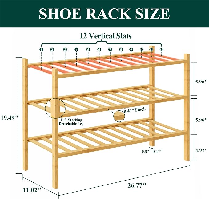 Smiry Bamboo Shoe Rack, 3 Tier Free Standing Wooden Shoe Organizer, Stackable Wood Shoe Storage Shelf for Closet, Entryway, 12 Vertical Slats, 2+1 Stack Standard Legs, 26.8"x11"x19.5", Natural
