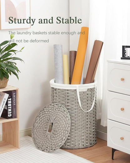 SETVSON Laundry Basket with Lid Round Rattan Laundry Hamper with Lid and Handles 29.1 Gal (110 L) Handwoven Woven Basket with Removable Bags and 2 Mesh Bags for Bathroom Living Room Gray