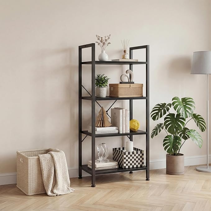 DUMOS 4 Tiers Bookshelf, Classical Book Shelf, Tall Display Shelves in Living Room/Home/Office, Storage Organizer for CDs/Books/Movies, Black