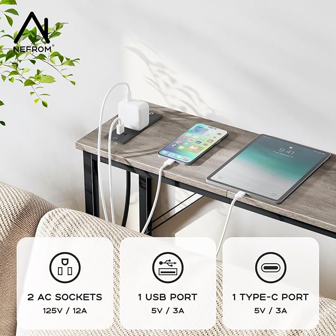 Console Table, Skinny Entryway Table with Fast-Charging Station, Narrow Long Sofa Table, Behind Slim Couch Table for Entrance, Hallway, Living Room Decor ST-GY100-1
