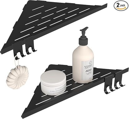 Corner Shower Shelf 10'', 304 Stainless Steel Corner Shelf 2 Pack, Grout in Bathroom Shelves for Tiled Wall, Recessed Shower Shelves Caddy with 4 Hooks, No Drilling (Matte Black)