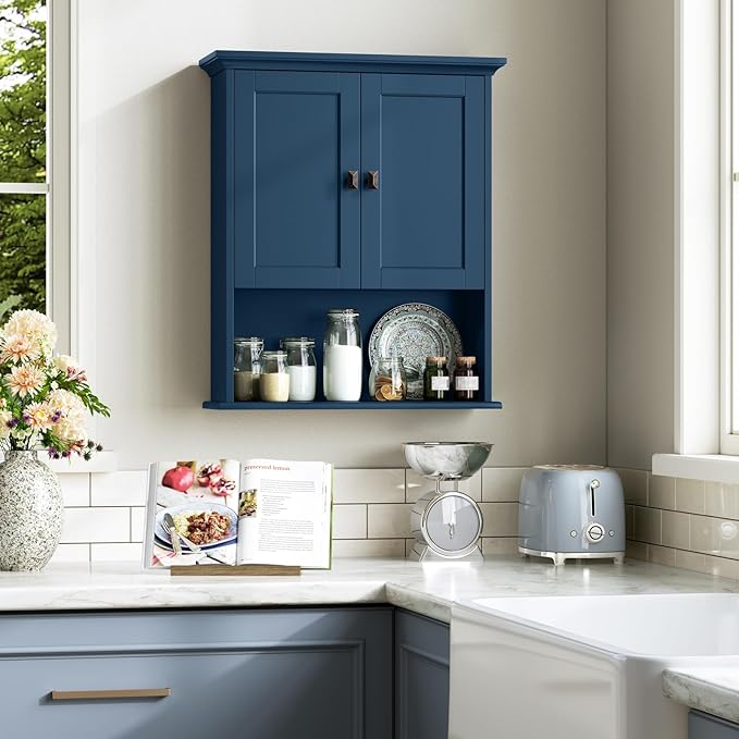 Bathroom Wall Cabinet, Wooden Medicine Cabinet Over Toilet Storage Cabinet with Doors and Adjustable Shelf Wall Mounted Storage Organizer Cabinet Above Toilet (Ultramarine)