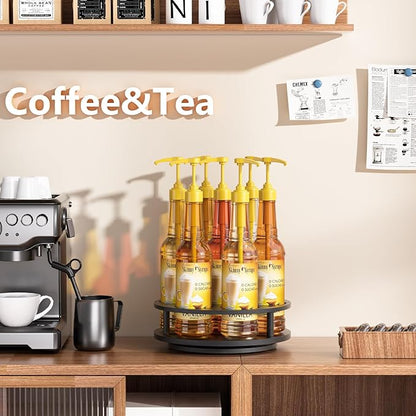 THYGIFTREE Rotating Coffee Syrup Organizer 7 Bottles Syrup Rack for Countertop Wood Syrup Bottle Holder Stand for Coffee Bar Station, Turntable Wine Display Tray, Black