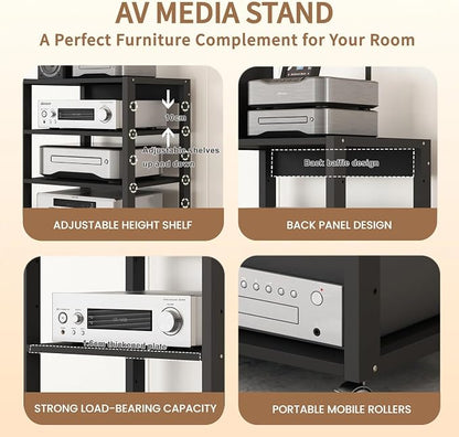 4 Tier AV Media Stand, Audio Rack Tower Stereo Components Cabinet, Home Theatre CD Record Player Stereo Receiver Equipment Rack with Adjustable Wood Shelves, Load 220lbs (Black)