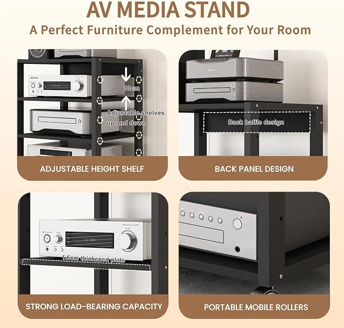 3 Tier AV Media Stand, Audio Rack Tower Stereo Components Cabinet, Home Theatre CD Record Player Stereo Receiver Equipment Rack with Adjustable Wood Shelves, Load 220lbs (Black)