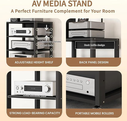 3 Tier AV Media Stand, Audio Rack Tower Stereo Components Cabinet, Home Theatre CD Record Player Stereo Receiver Equipment Rack with Adjustable Wood Shelves, Load 220lbs (Black)