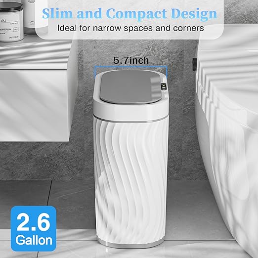 Bathroom Small Trash Can with Automatic Touchless Lid, 2.6 Gallon Smart Garbage Can Narrow Waterproof Trash Bin for Bedroom, Office, Living Room